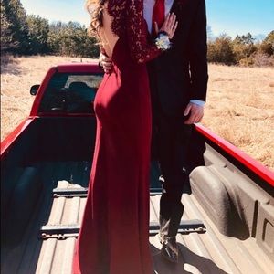 Red Long Sleeve Lace Prom Dress Fitted